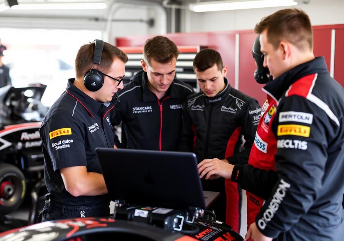 Engineers and driver reviewing telemetry on a laptop