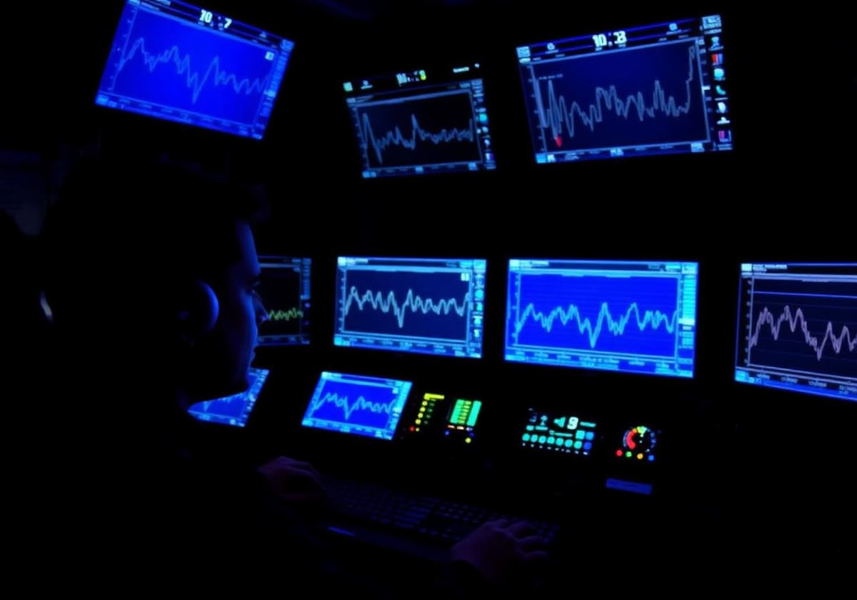 Race engineer studying telemetry on multiple monitors