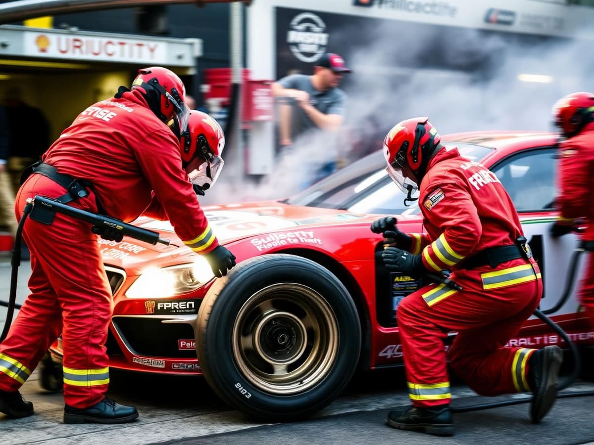 Crew in red fire suits servicing the front of the car