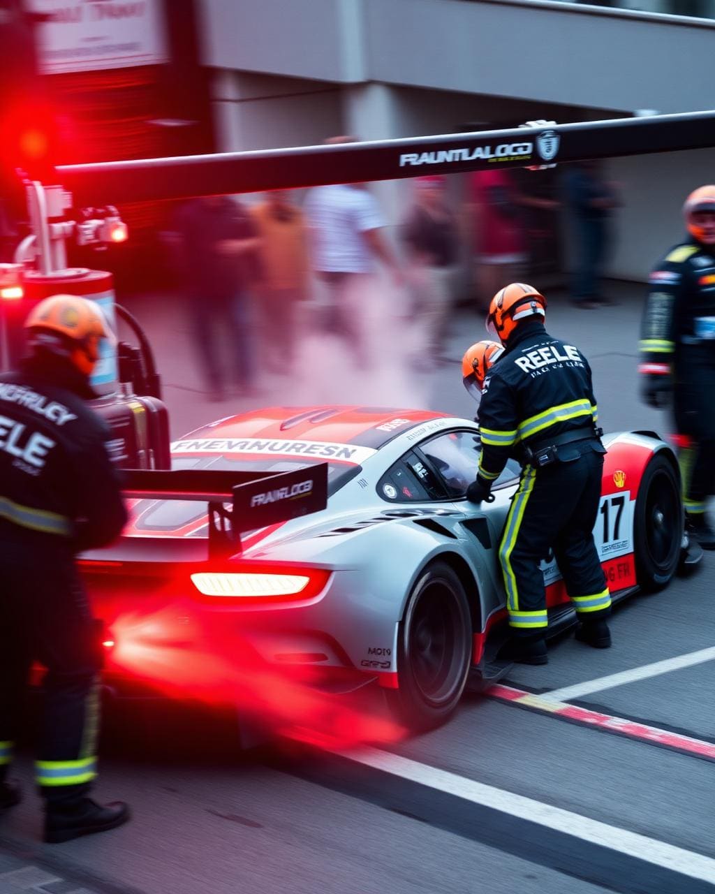 Refueling rig and crew servicing the rear of the car
