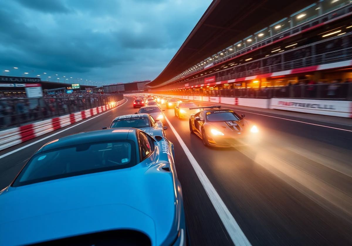 Race grid lit up at dusk with cars rolling away