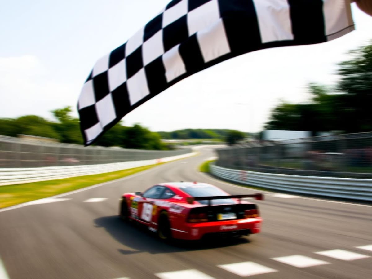 Red race car crossing the finish line under the checkered flag