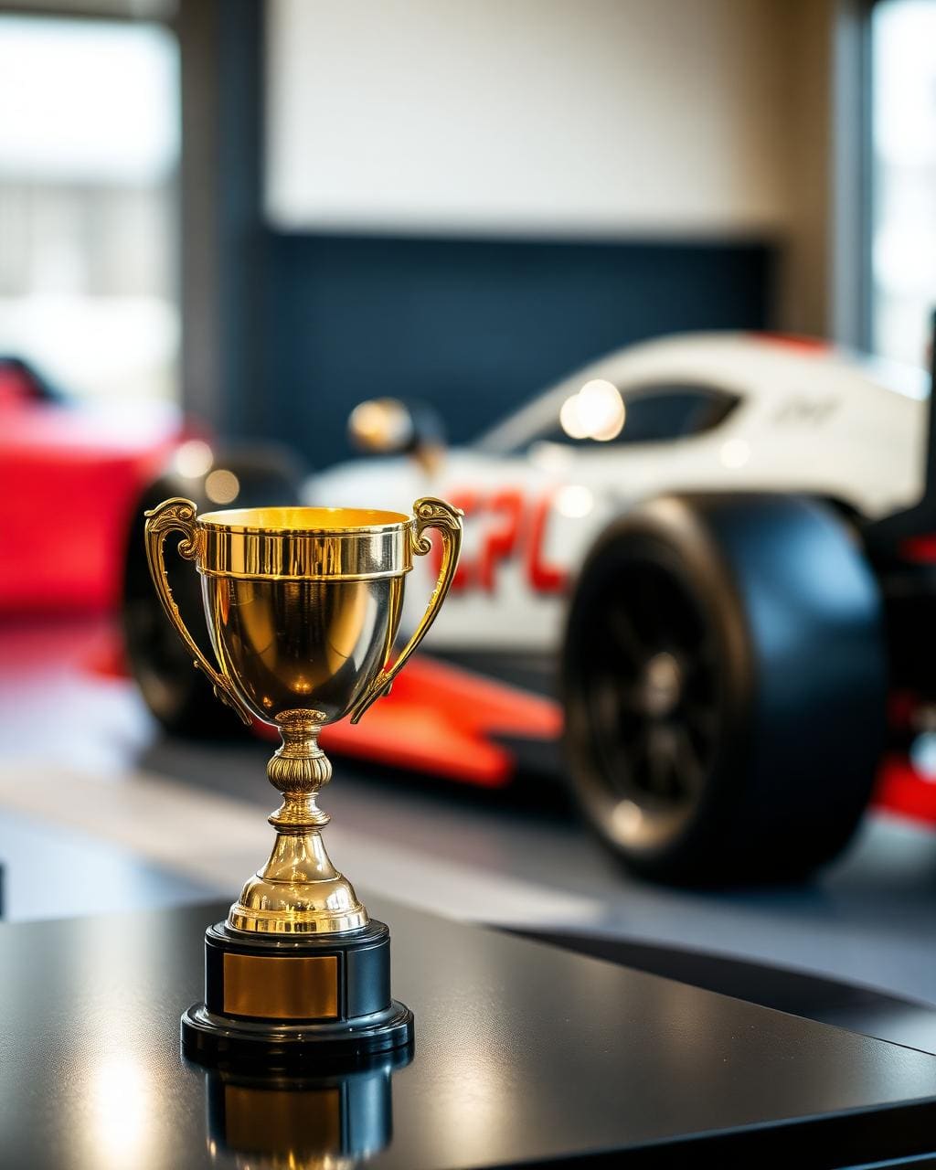 Gold trophy in front of the team's race car