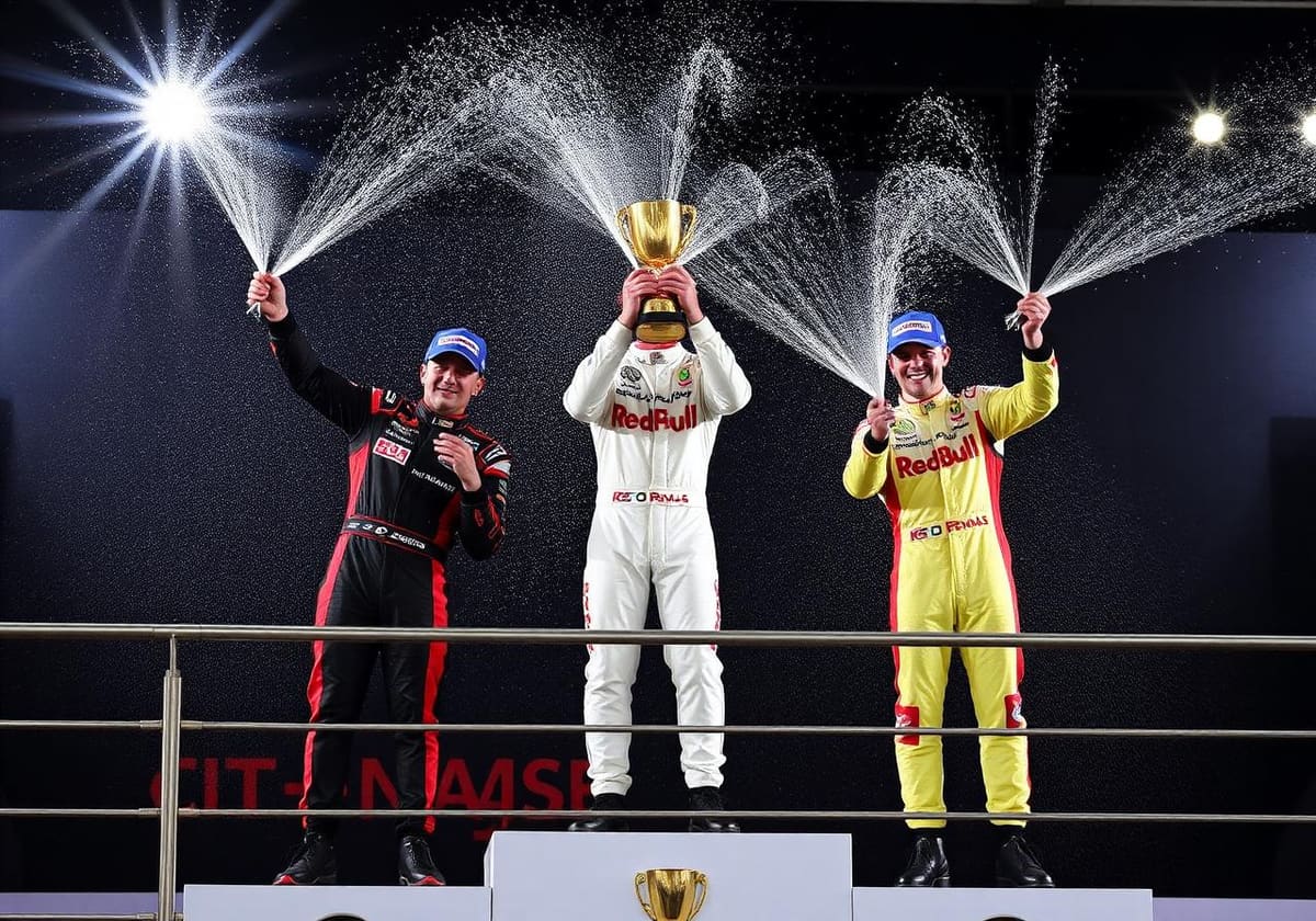 Drivers spraying champagne on the podium